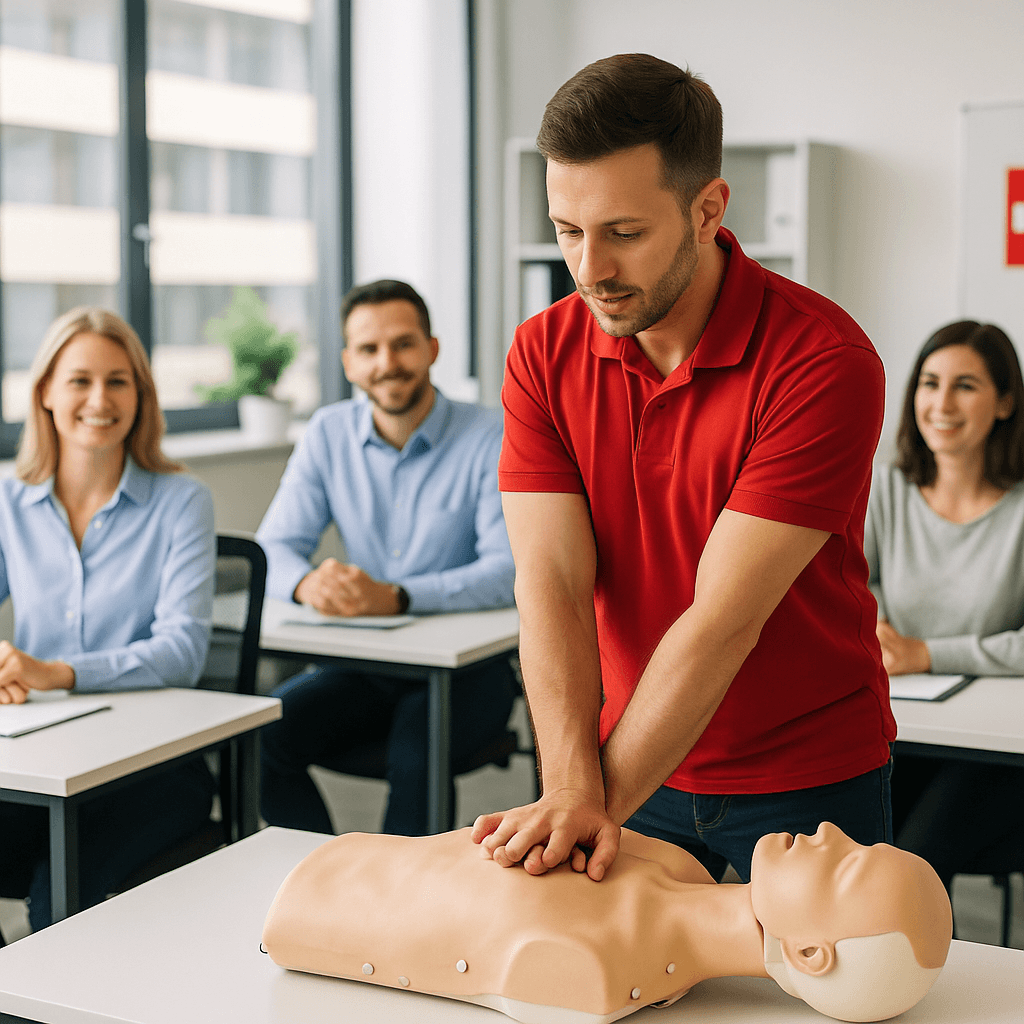 Kursleiter demonstriert Herzdruckmassage an einer Reanimationspuppe vor Kursteilnehmern in einem Schulungsraum
