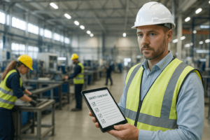 Sicherheitsbeauftragter mit weißem Schutzhelm und Warnweste hält Tablet mit Sicherheitscheckliste in einer Fabrikhalle